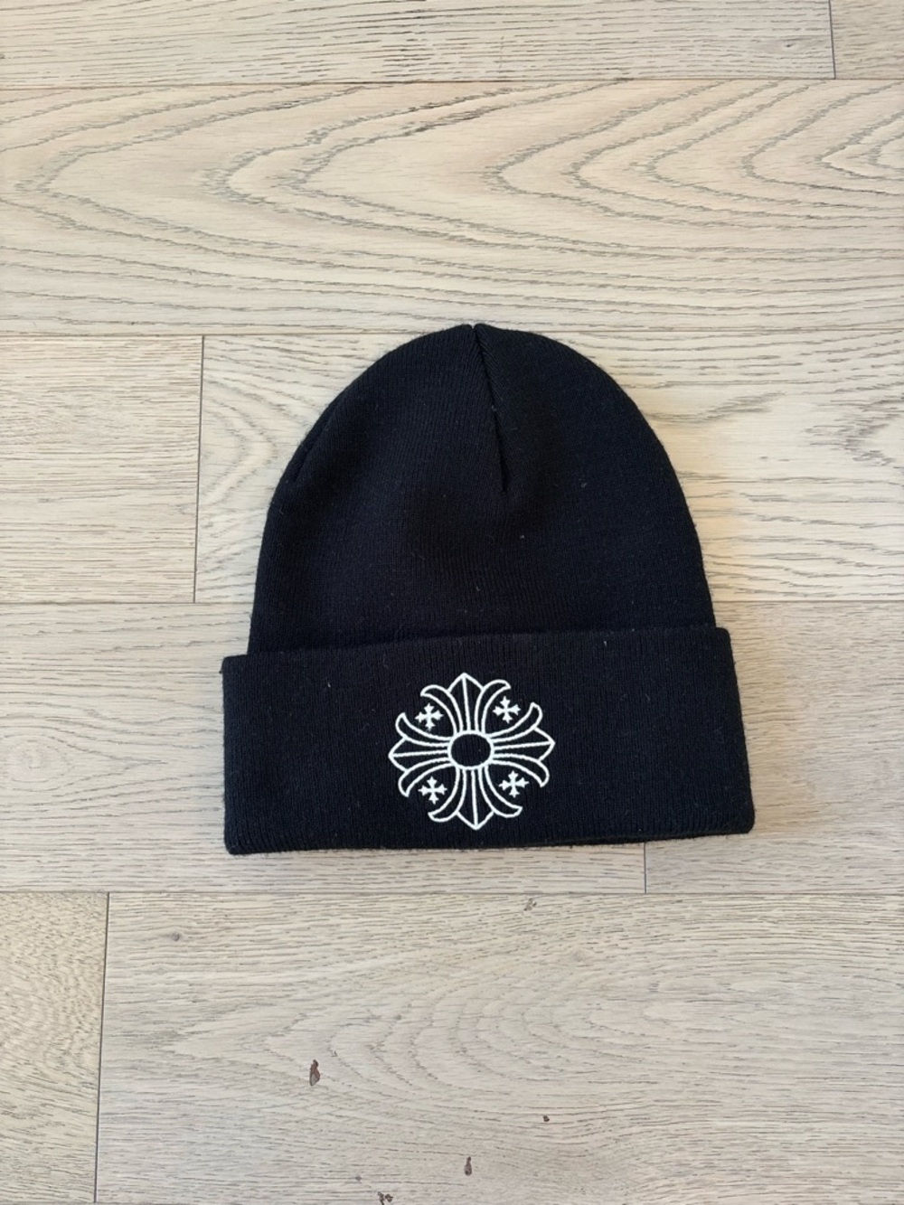 Chrome Hearts Black Beanie with White Embroidered Plus Cross